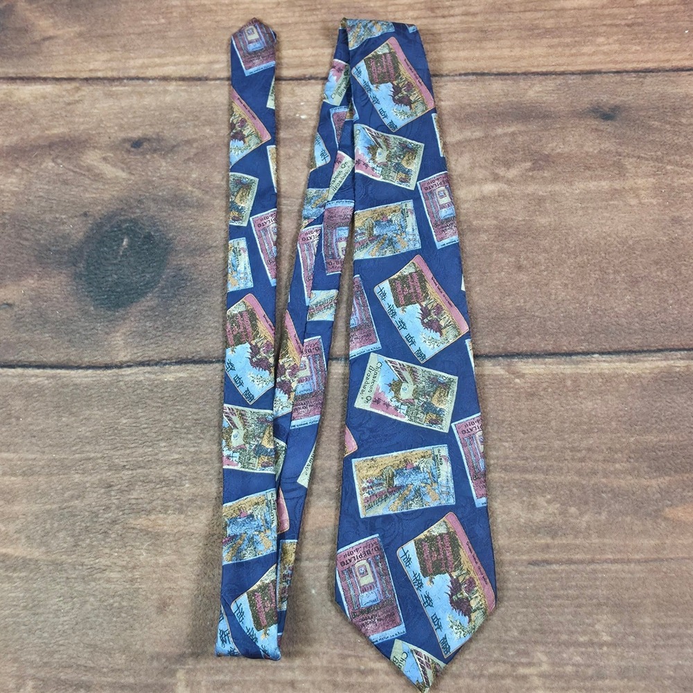 Geoffrey Beene Tie Mens OS Navy Good Chinatown Postcard Silk Made in USA
